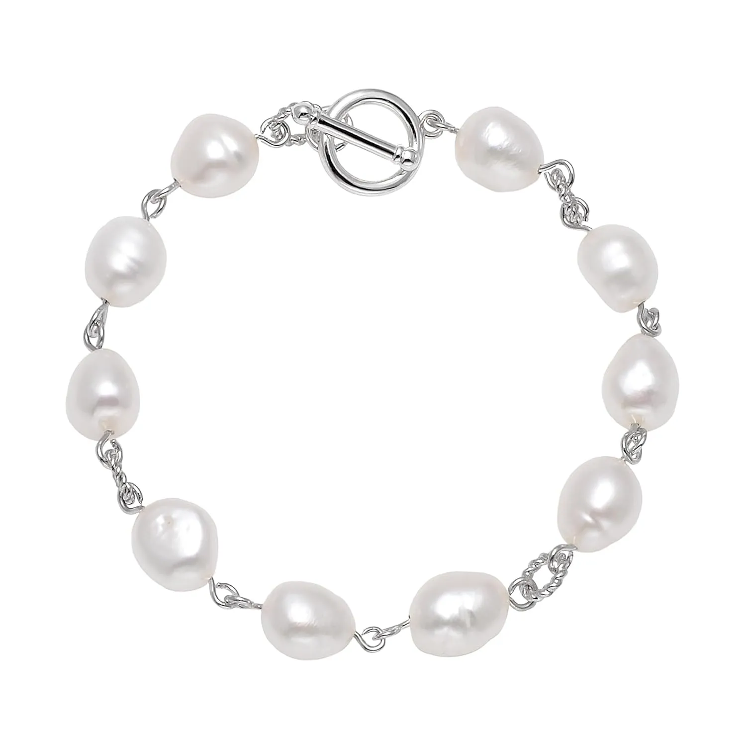 Freshwater Cultured Baroque Pearls Beaded Wire Linked Bracelet Toggle Clasp, 7.5"