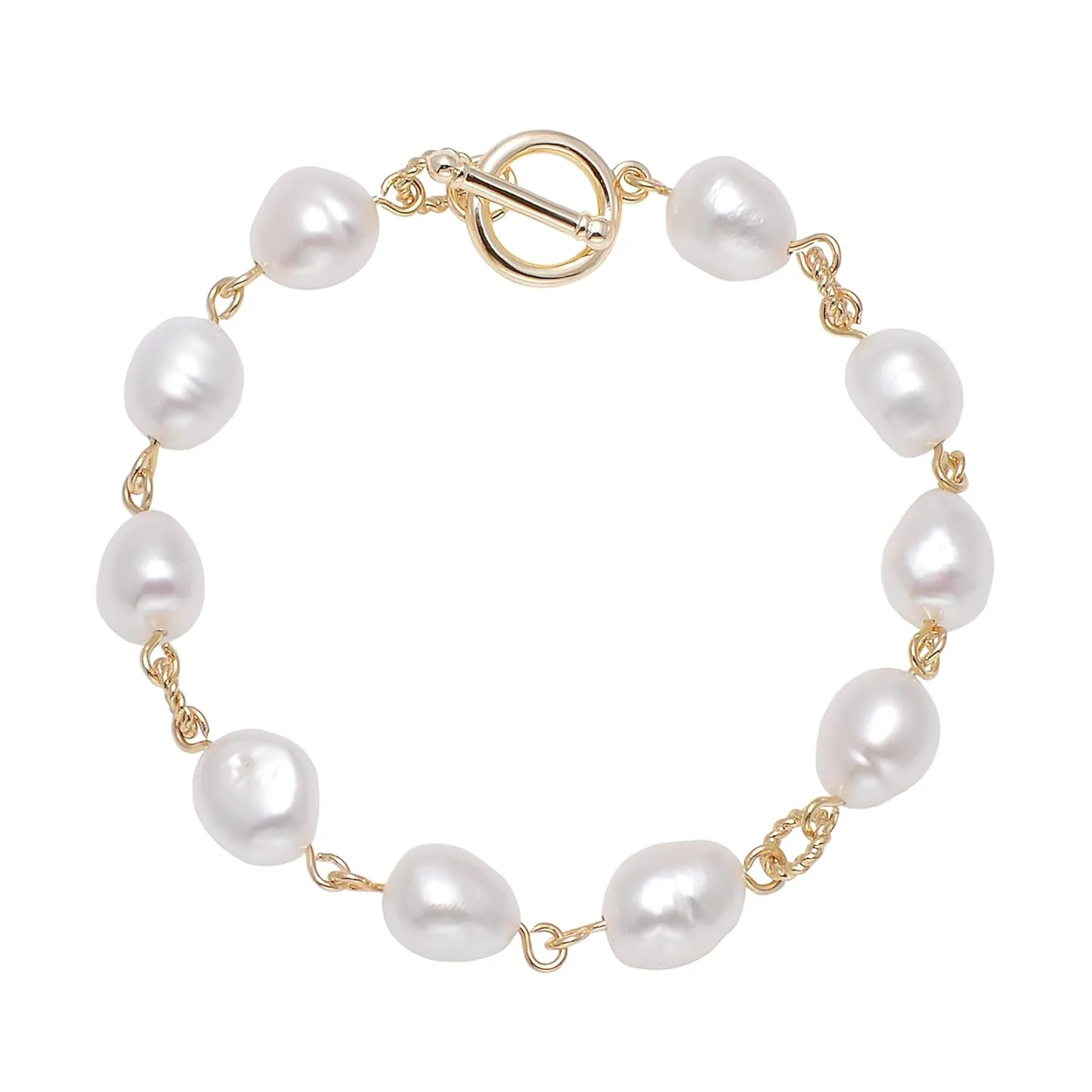 Freshwater Cultured Baroque Pearls Beaded Wire Linked Bracelet Toggle Clasp, 7.5"