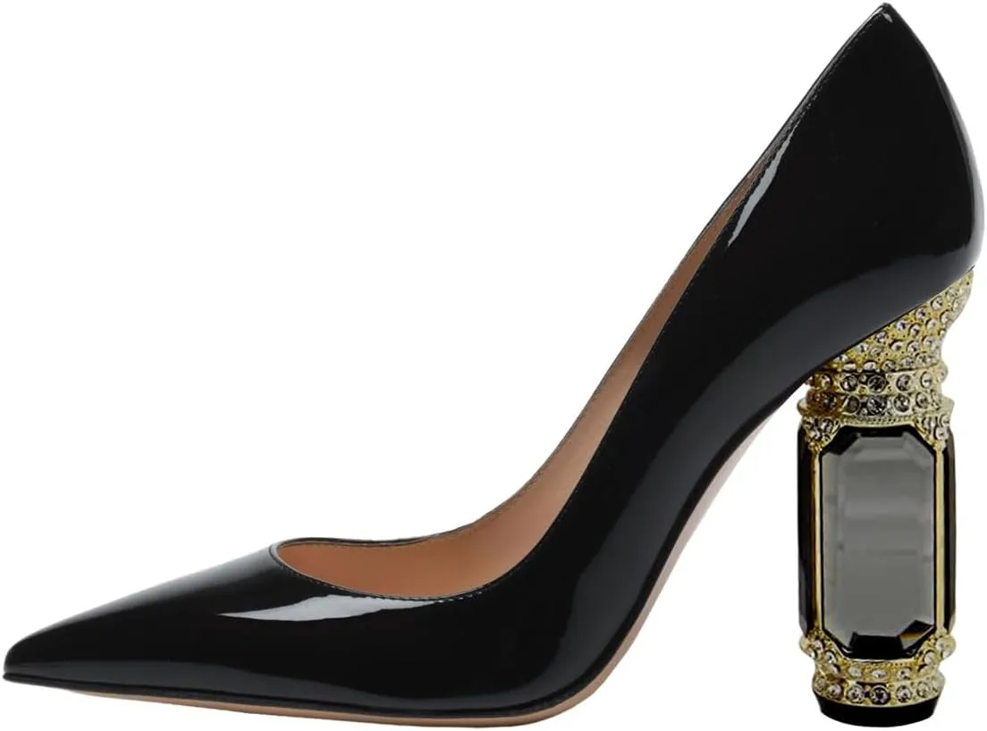 FSJ Women Gorgeous Pointed Toe Crystal Block Chunky High Heel Pumps Slip On Ladies Wedding Evening Shoes Size 4-16 US