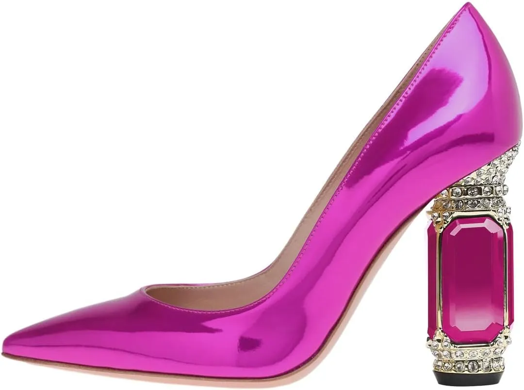 FSJ Women Gorgeous Pointed Toe Crystal Block Chunky High Heel Pumps Slip On Ladies Wedding Evening Shoes Size 4-16 US