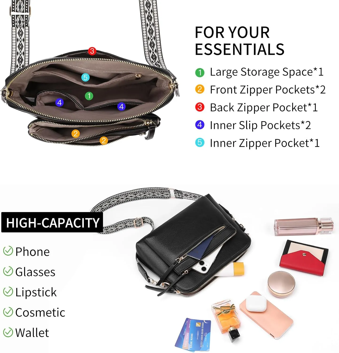 GAEKEAO Quilted Crossbody Bags for Women Vegan Leather Purses with Wide Strap,Women's Crossbody Travel Purse Built in Wallet