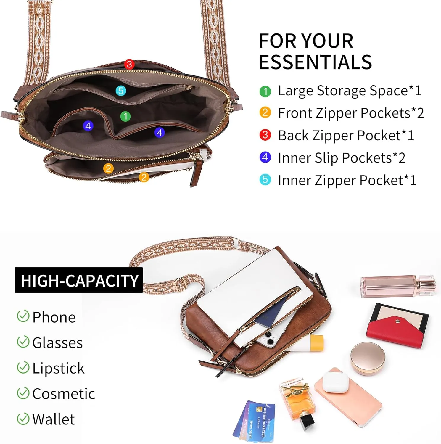 GAEKEAO Quilted Crossbody Bags for Women Vegan Leather Purses with Wide Strap,Women's Crossbody Travel Purse Built in Wallet