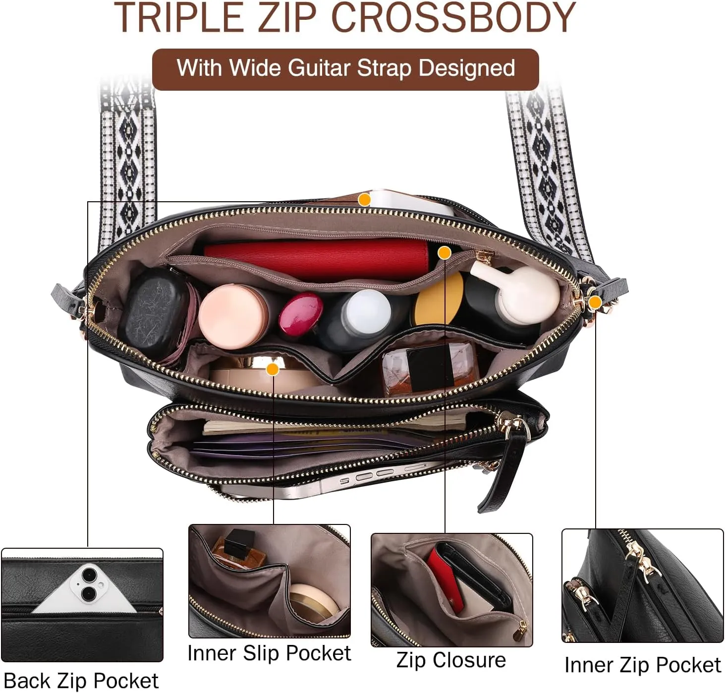 GAEKEAO Quilted Crossbody Bags for Women Vegan Leather Purses with Wide Strap,Women's Crossbody Travel Purse Built in Wallet
