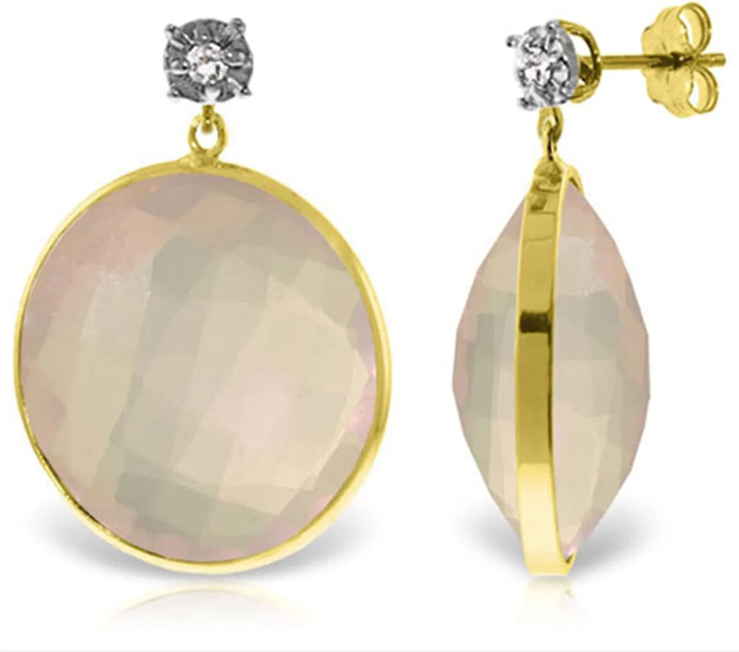 Galaxy Gold GG 14k Solid Gold Diamonds Stud Earring with Dangling Checkerboard Cut Round Rose Quartz