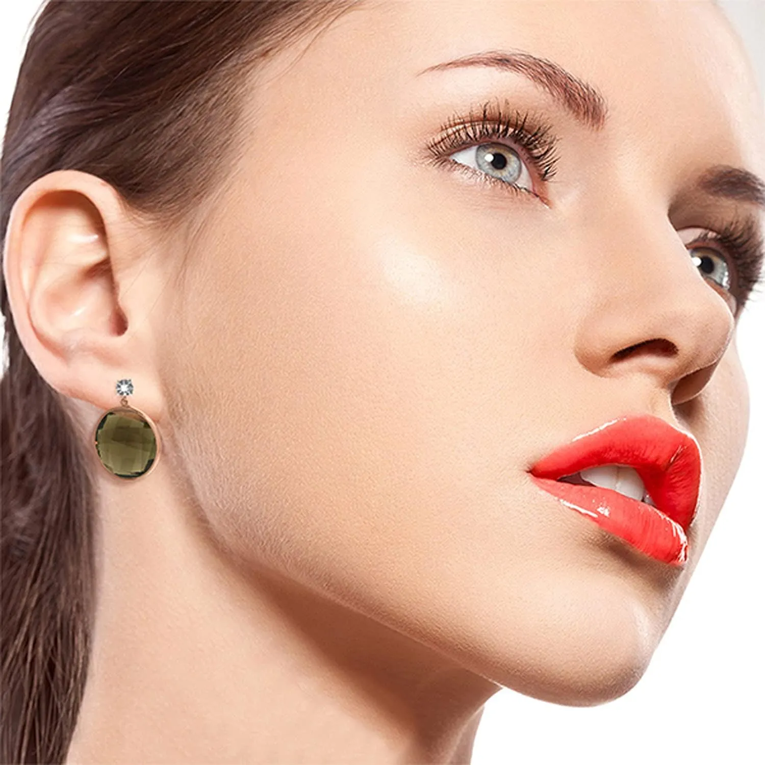 Galaxy Gold GG 14k Solid Gold Diamonds Stud Earring with Dangling Checkerboard Cut Round Smoky Quartz