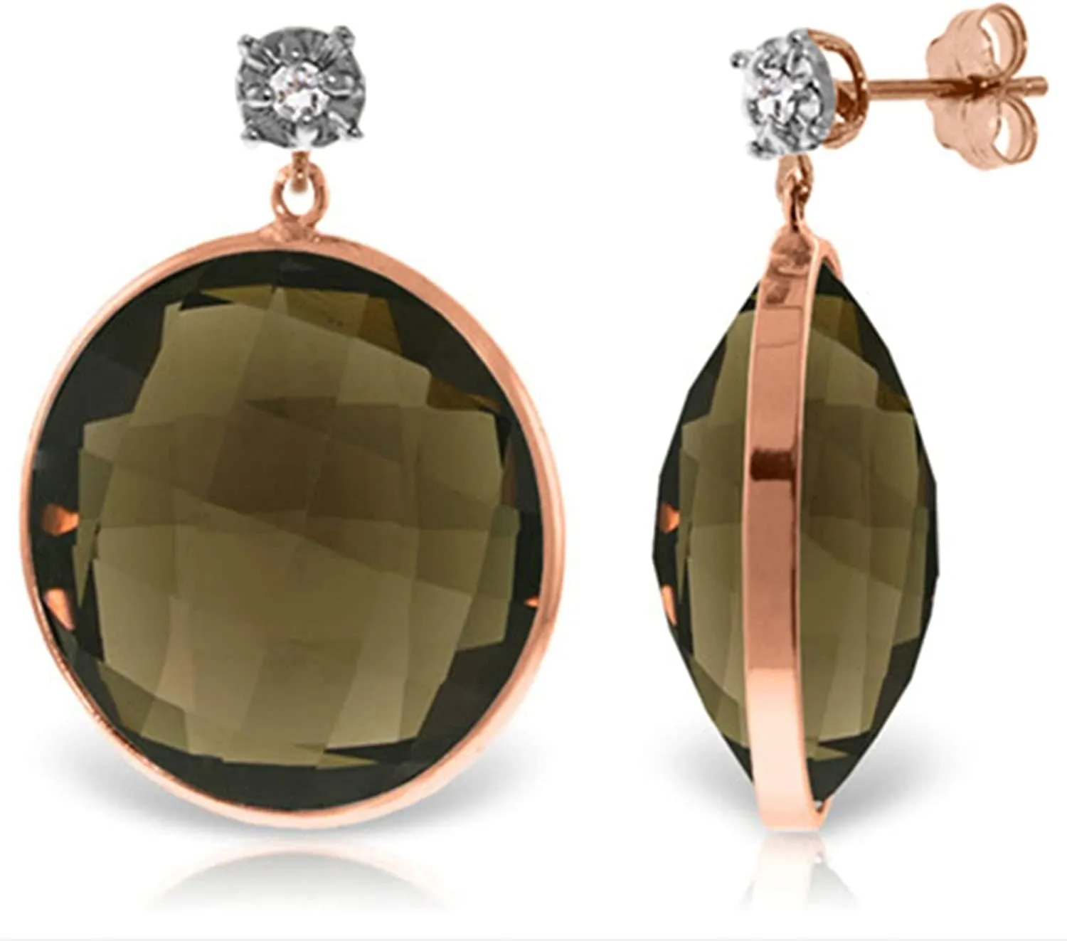 Galaxy Gold GG 14k Solid Gold Diamonds Stud Earring with Dangling Checkerboard Cut Round Smoky Quartz