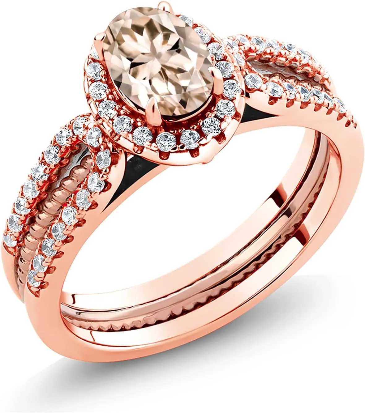 Gem Stone King 18K Rose Gold Plated Silver Peach Morganite Women's Wedding Band Engagement Insert Stackable Ring (1.27 Cttw, Oval 7X5MM, Gemstone October Birthstone, Available in Size 5,6,7,8,9)
