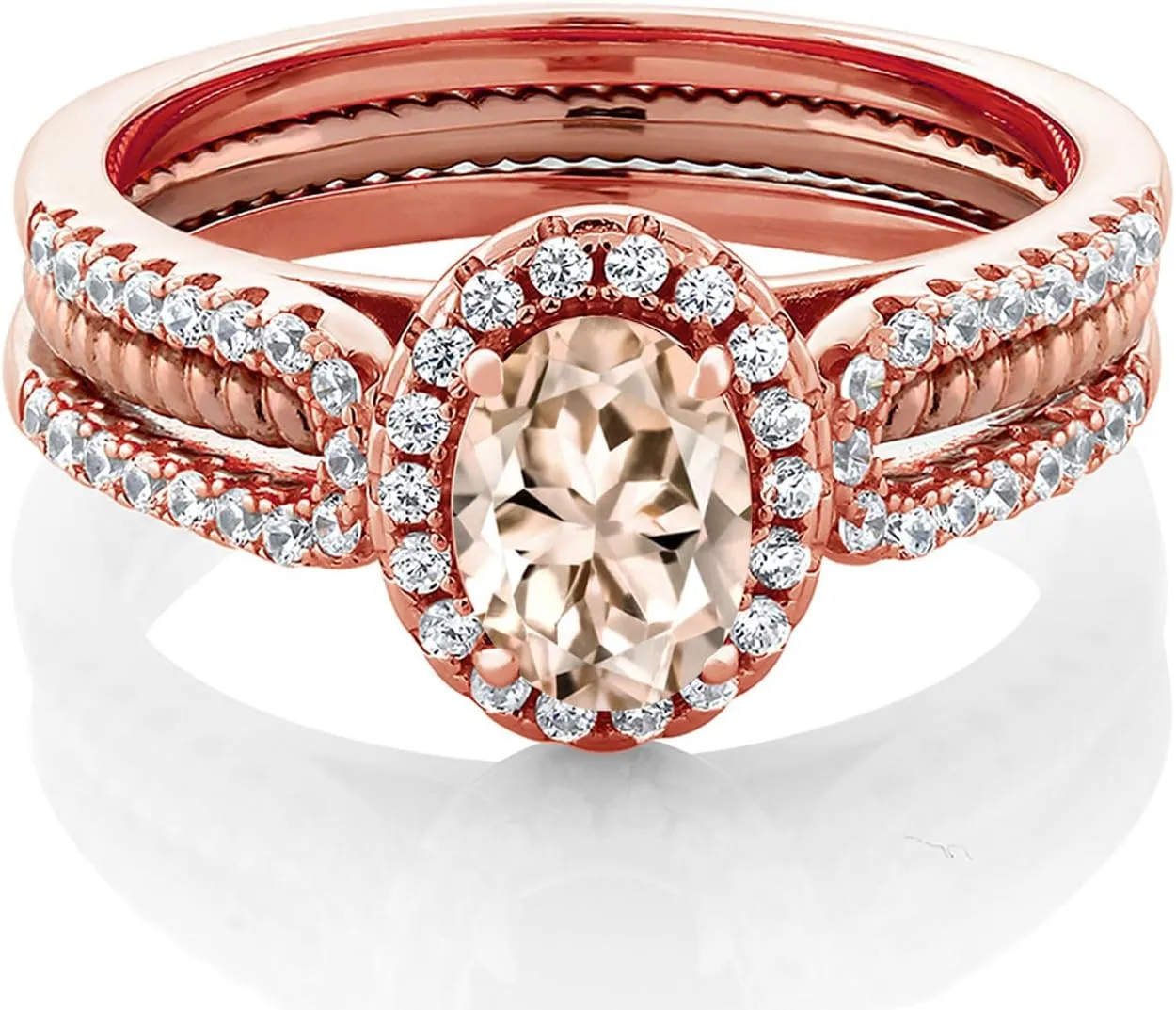 Gem Stone King 18K Rose Gold Plated Silver Peach Morganite Women's Wedding Band Engagement Insert Stackable Ring (1.27 Cttw, Oval 7X5MM, Gemstone October Birthstone, Available in Size 5,6,7,8,9)