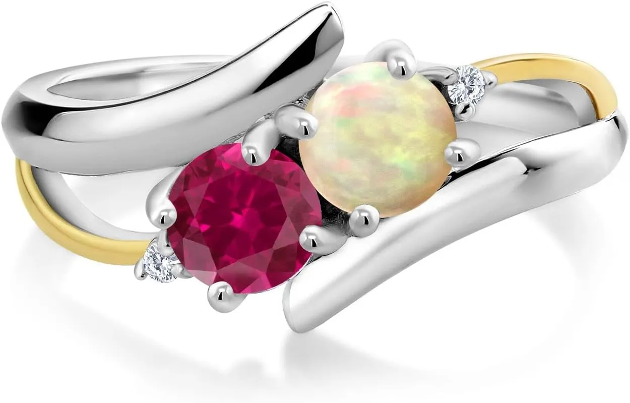 Gem Stone King 925 Sterling Silver & 10K Yellow Gold Round Cabochon White Ethiopian Opal Red Created Ruby & Lab Grown Diamond Women Ring (1.32 Cttw, Available In Size 5, 6, 7, 8, 9)