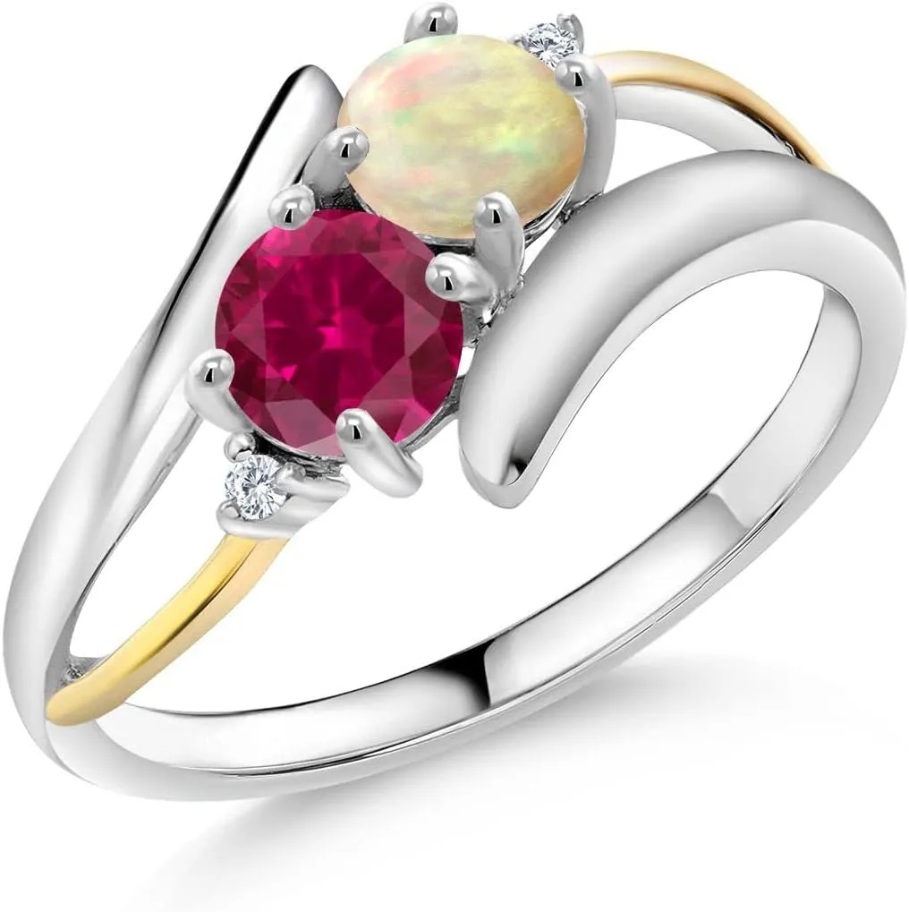 Gem Stone King 925 Sterling Silver & 10K Yellow Gold Round Cabochon White Ethiopian Opal Red Created Ruby & Lab Grown Diamond Women Ring (1.32 Cttw, Available In Size 5, 6, 7, 8, 9)