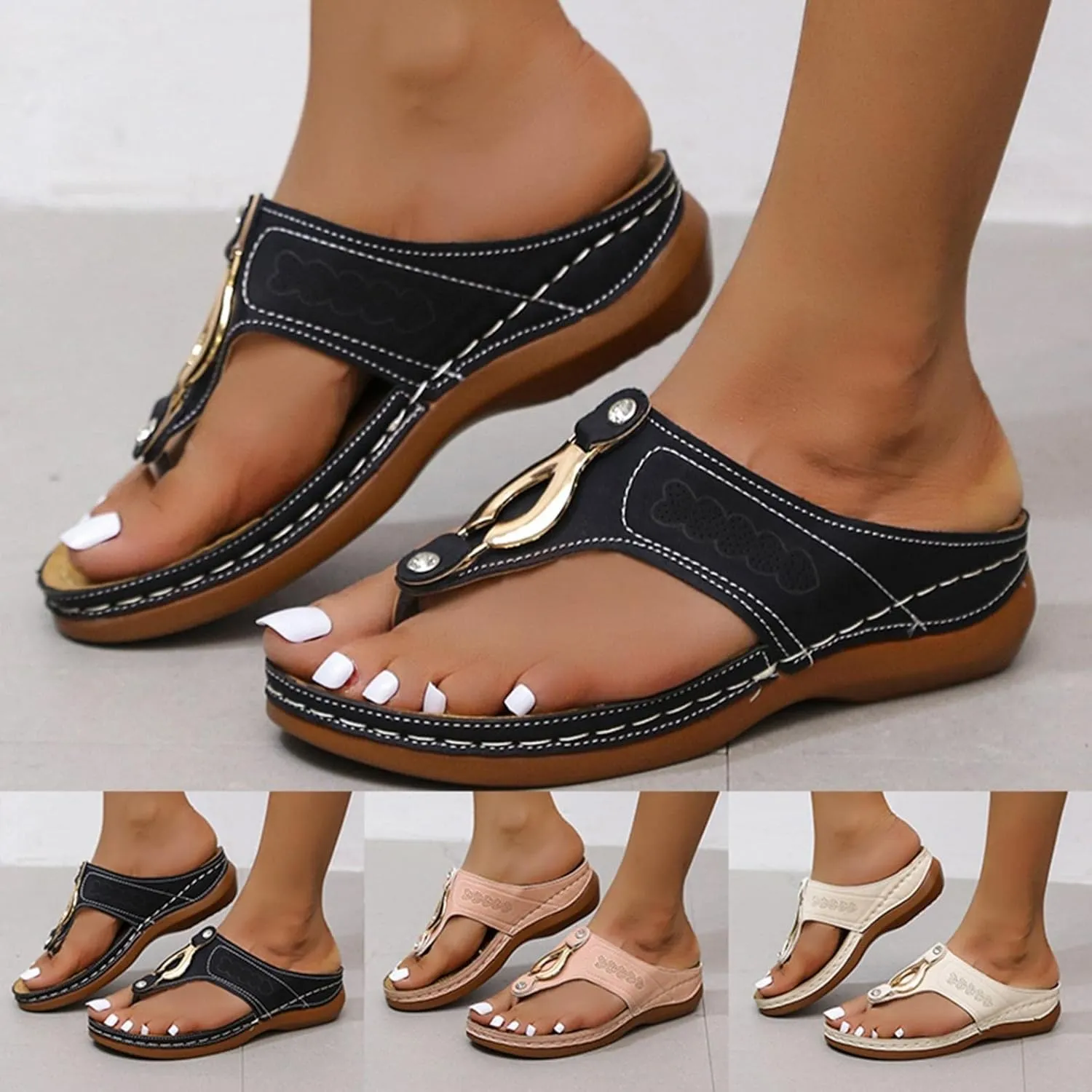 Gibobby Sandals for Women Flat Casual Summer Buckle Ankle Strap Fashion Sandals Thong Open Toe Flip Flop Women Sandals