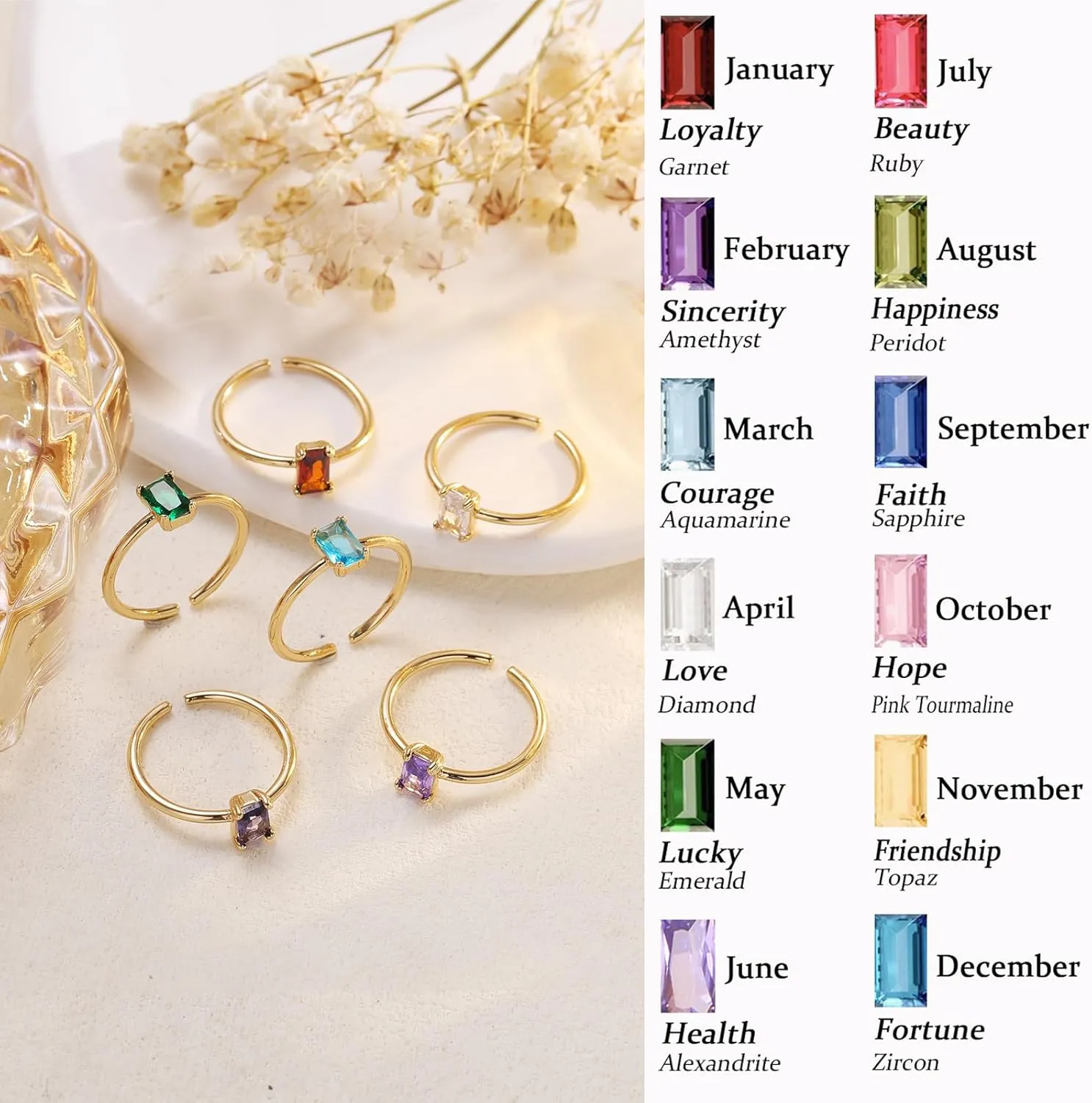 Gold Birthstone Rings for Women Non Tarnish Dainty Gold Stacking Rings Adjustable 14K Gold Plated Baguette CZ Emerald Green Gemstone Ring Jewelry Gift