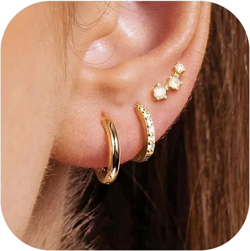 Gold Hoop Earrings for Women,Dainty Earrings Set Pearl Hoop Earrings Hypoallergenic Cartilage Earring Sets for Multiple (06-Gold)