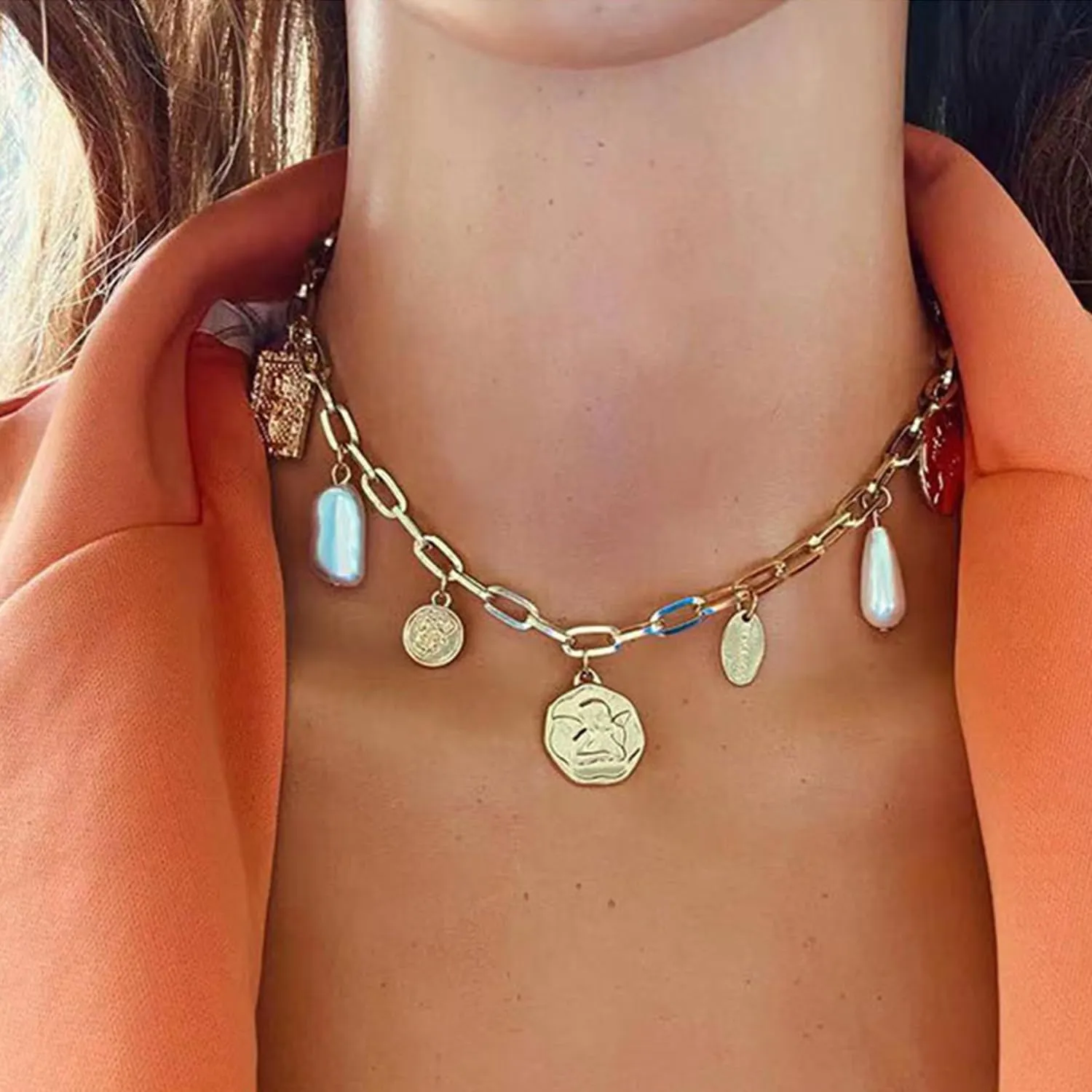 Gold Pearl Charm Necklace for Women Baroque Pearl Necklace Vintage Coin Moon Heart Pendant Necklace Chunky Gold Paperclip Chain Necklace Pearl Statement Necklace for Women Men Trendy Jewelry
