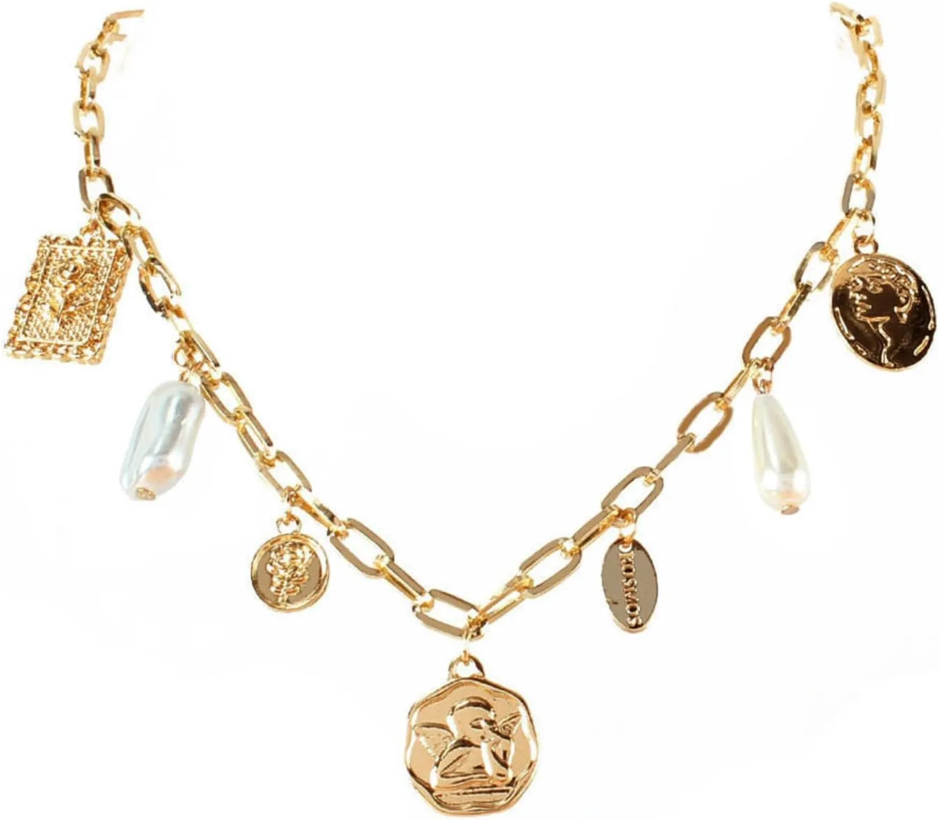 Gold Pearl Charm Necklace for Women Baroque Pearl Necklace Vintage Coin Moon Heart Pendant Necklace Chunky Gold Paperclip Chain Necklace Pearl Statement Necklace for Women Men Trendy Jewelry