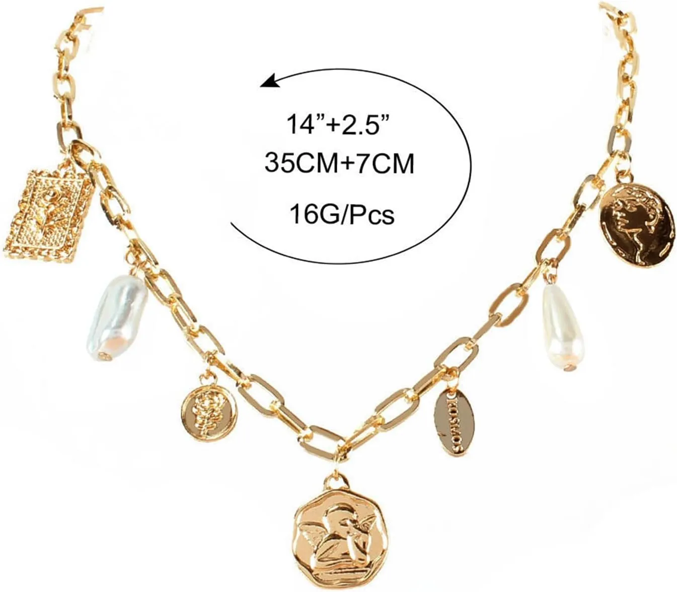 Gold Pearl Charm Necklace for Women Baroque Pearl Necklace Vintage Coin Moon Heart Pendant Necklace Chunky Gold Paperclip Chain Necklace Pearl Statement Necklace for Women Men Trendy Jewelry