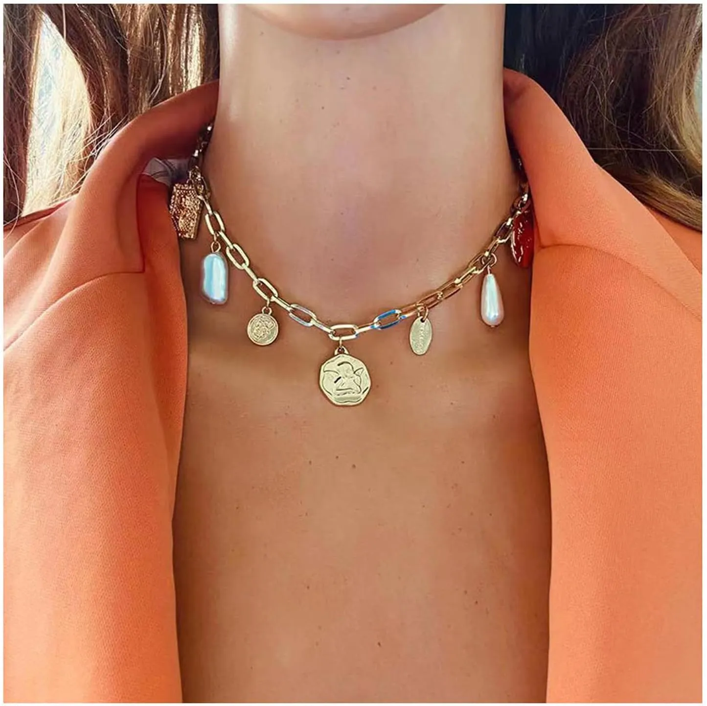 Gold Pearl Charm Necklace for Women Baroque Pearl Necklace Vintage Coin Moon Heart Pendant Necklace Chunky Gold Paperclip Chain Necklace Pearl Statement Necklace for Women Men Trendy Jewelry