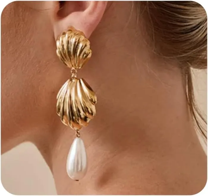 Gold Plated Shell Pearl Dangle Earrings,Chunky Statement Sea Shell Baroque Pearl Hanging Earrings,Charming Party Beach Holiday Jewelry Gifts