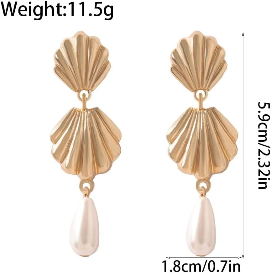 Gold Plated Shell Pearl Dangle Earrings,Chunky Statement Sea Shell Baroque Pearl Hanging Earrings,Charming Party Beach Holiday Jewelry Gifts