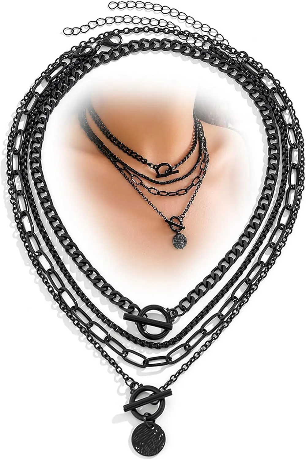 Gothic Black Chain Layered Choker Necklace for Women Chunky Goth Black Grunge OT Buckle Necklaces Darkness Heart/Star/Coin Punk Statement Jewelry Gifts