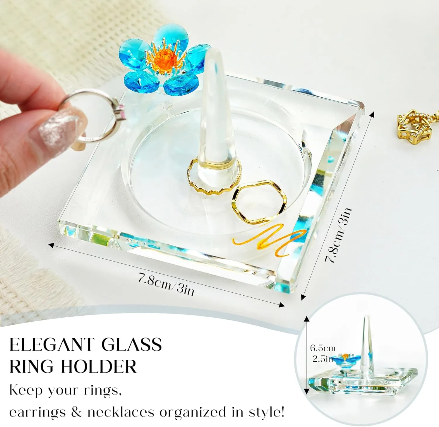 H&D HYALINE & DORA Glass Ring Holder Clear Ring Dish Jewelry Tray Decorative Trinket Dish for Rings Earrings Necklaces Birthday Mother's Day Christmas Gift for Women(M)