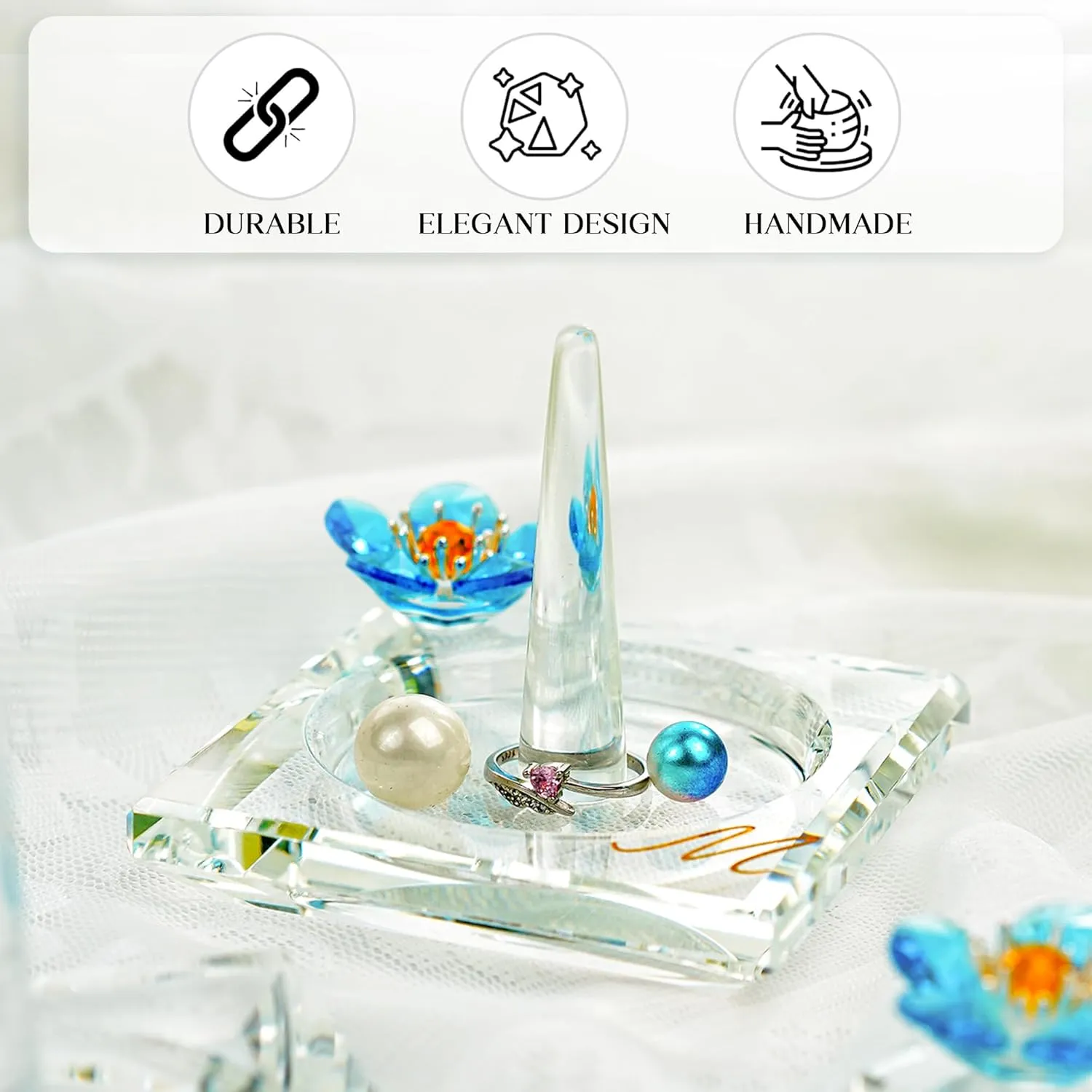 H&D HYALINE & DORA Glass Ring Holder Clear Ring Dish Jewelry Tray Decorative Trinket Dish for Rings Earrings Necklaces Birthday Mother's Day Christmas Gift for Women(M)