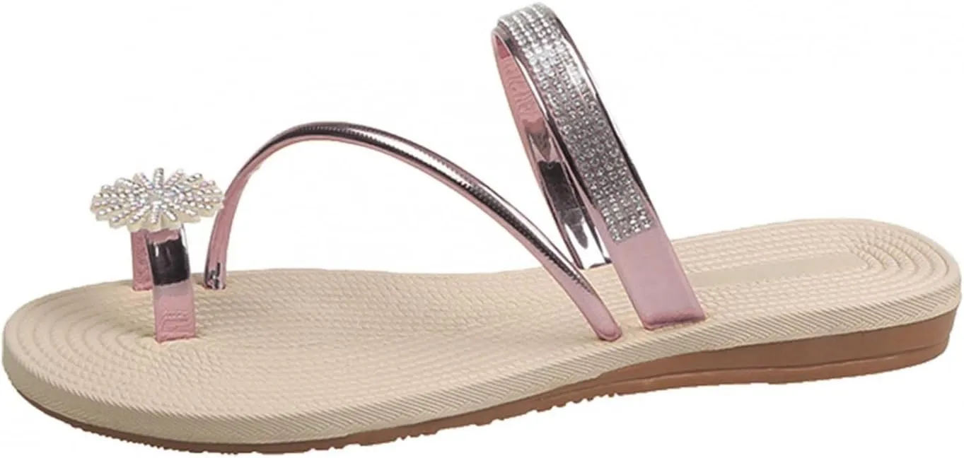 Hbeylia Women Wedding Flat Sandals,Ladies Fashion Summer Bohemian Jewelry Rhinestones Pearl Toe Ring Slip On Slippers Dressy Summer Beach Casual Thong Slides