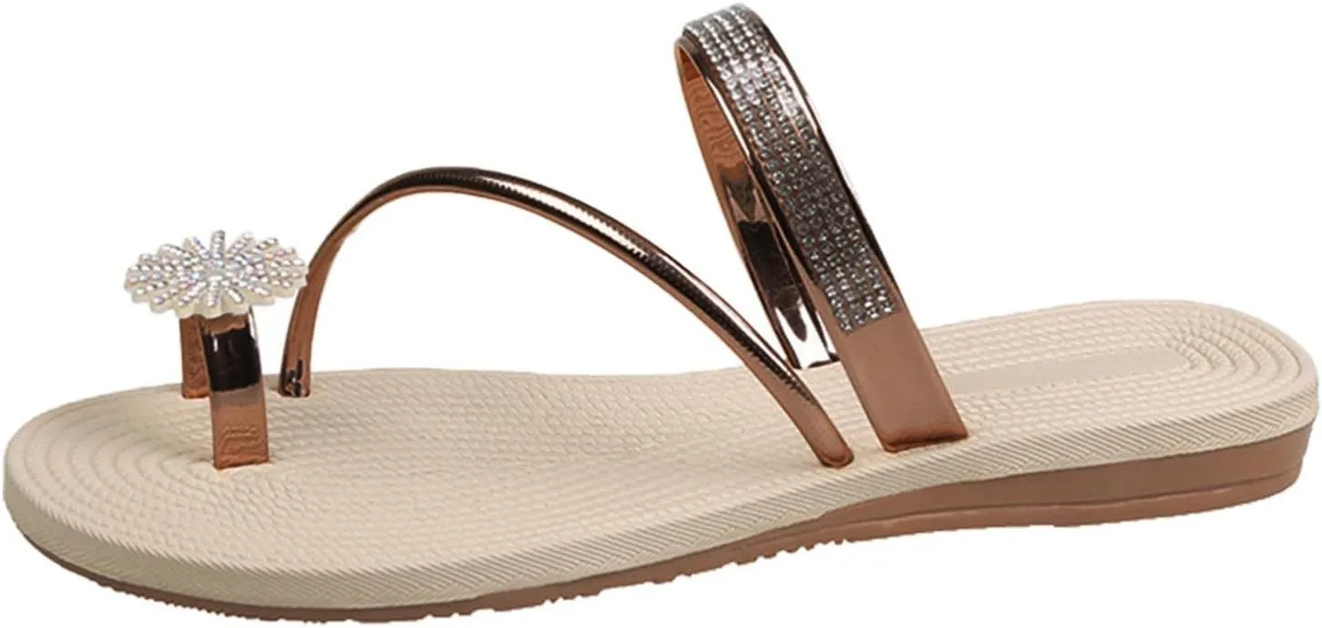Hbeylia Women Wedding Flat Sandals,Ladies Fashion Summer Bohemian Jewelry Rhinestones Pearl Toe Ring Slip On Slippers Dressy Summer Beach Casual Thong Slides
