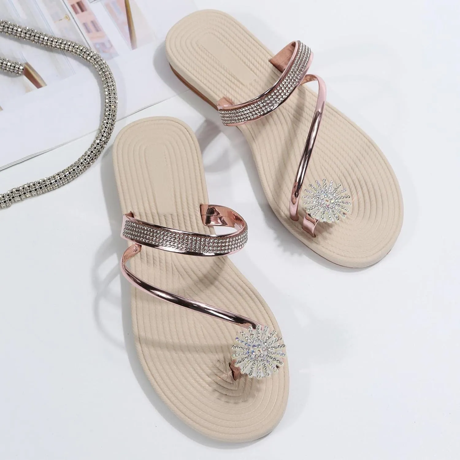 Hbeylia Women Wedding Flat Sandals,Ladies Fashion Summer Bohemian Jewelry Rhinestones Pearl Toe Ring Slip On Slippers Dressy Summer Beach Casual Thong Slides