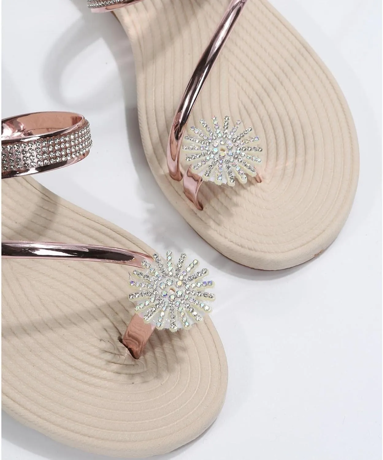 Hbeylia Women Wedding Flat Sandals,Ladies Fashion Summer Bohemian Jewelry Rhinestones Pearl Toe Ring Slip On Slippers Dressy Summer Beach Casual Thong Slides