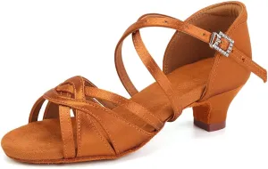 HIPPOSEUS Girls Silk Satin Latin Dance Shoes Open Toe Ballroom Salsa Dance Practice Performance Dancing Shoes Kitten Heel,Model EM