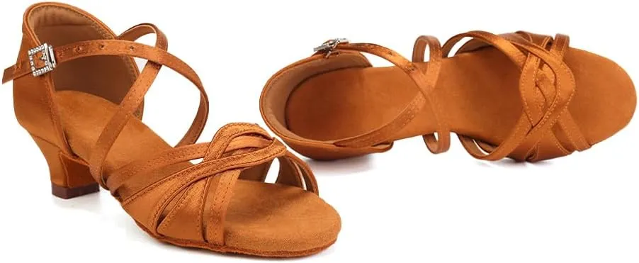 HIPPOSEUS Girls Silk Satin Latin Dance Shoes Open Toe Ballroom Salsa Dance Practice Performance Dancing Shoes Kitten Heel,Model EM