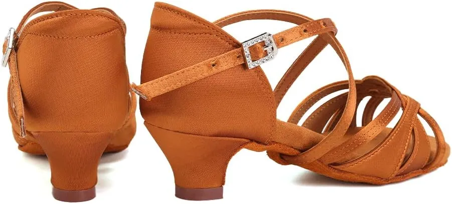 HIPPOSEUS Girls Silk Satin Latin Dance Shoes Open Toe Ballroom Salsa Dance Practice Performance Dancing Shoes Kitten Heel,Model EM