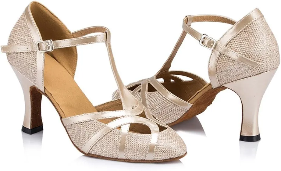 Honeystore Women's Closed Toe T-Strap Latin Dance Shoes Mid-Heel Bling Gliter Party Shoes