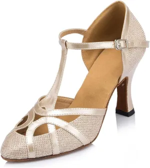 Honeystore Women's Closed Toe T-Strap Latin Dance Shoes Mid-Heel Bling Gliter Party Shoes