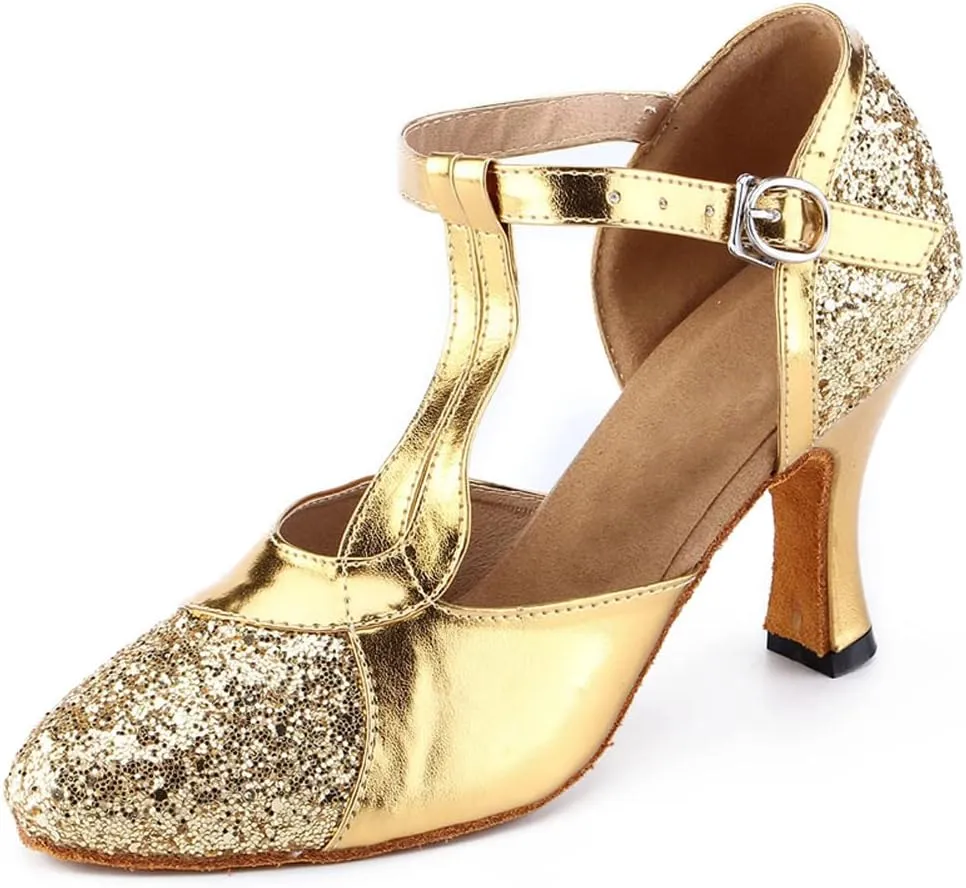 Honeystore Women's Glitter Sequin Mary Jane Latin Ballroom Dance Shoes 1920s Prom Salsa Performance