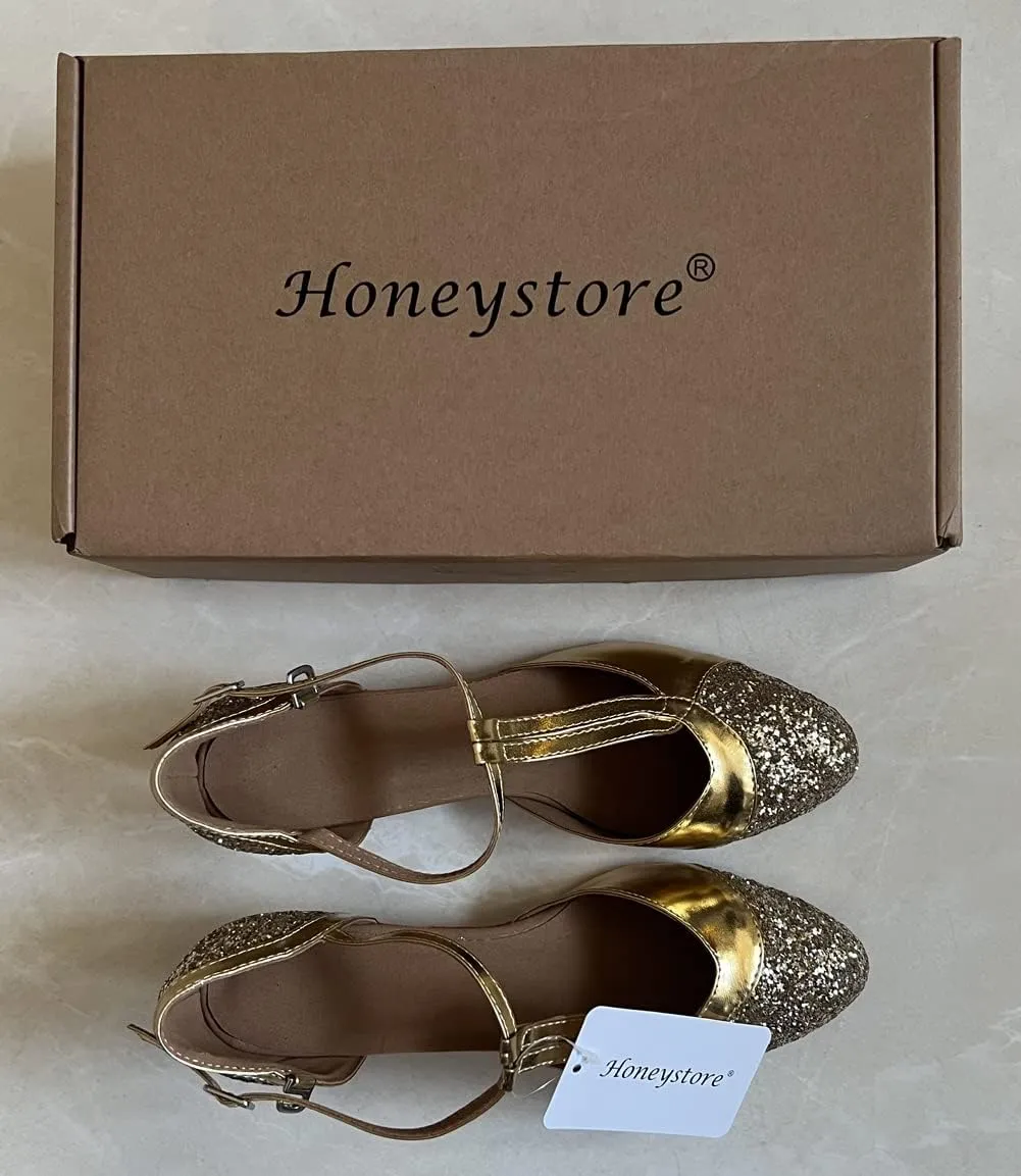 Honeystore Women's Glitter Sequin Mary Jane Latin Ballroom Dance Shoes 1920s Prom Salsa Performance