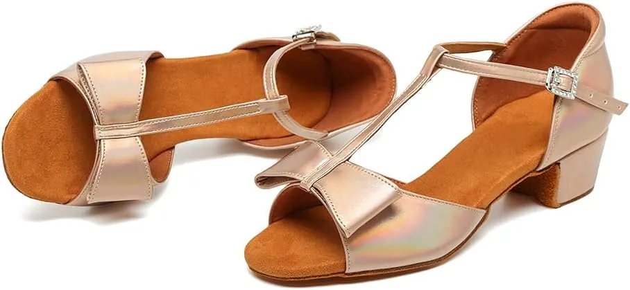 HROYL Girl's Latin Dance Shoes Salsa Low Heel Pratice Proformence Wedding Ballroom Dancing Flower Girls Shoes,Model 11022