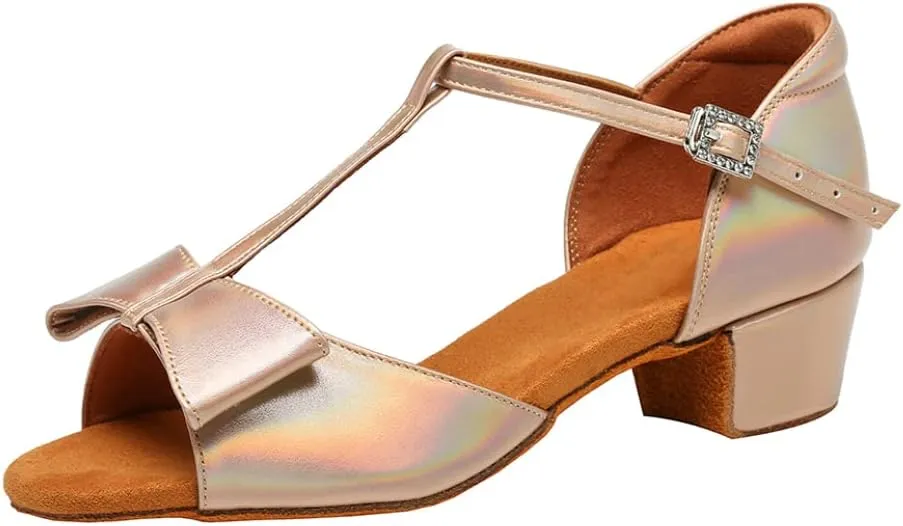 HROYL Girl's Latin Dance Shoes Salsa Low Heel Pratice Proformence Wedding Ballroom Dancing Flower Girls Shoes,Model 11022