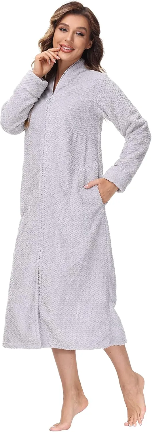 INK IVY Embossed Plush Front Zipper Robe for Women - Full-Length Housecoat - Ladies Bathrobe Loungewear with Pocket, Collar & Cuff, Quiet Gray, L