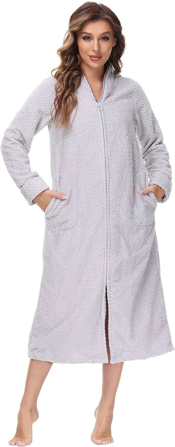 INK IVY Embossed Plush Front Zipper Robe for Women - Full-Length Housecoat - Ladies Bathrobe Loungewear with Pocket, Collar & Cuff, Quiet Gray, L