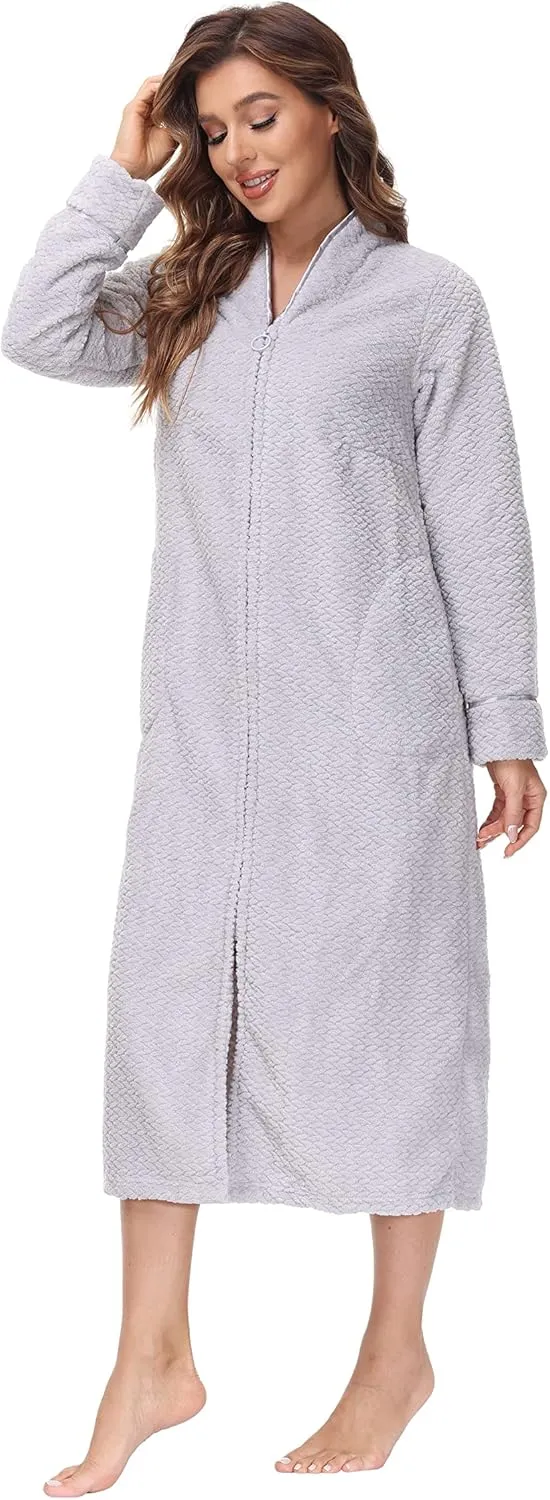 INK IVY Embossed Plush Front Zipper Robe for Women - Full-Length Housecoat - Ladies Bathrobe Loungewear with Pocket, Collar & Cuff, Quiet Gray, L