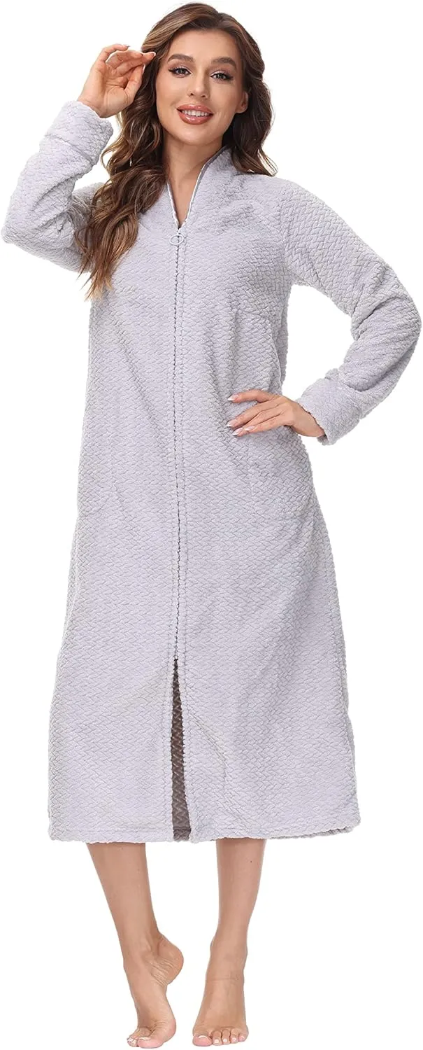 INK IVY Embossed Plush Front Zipper Robe for Women - Full-Length Housecoat - Ladies Bathrobe Loungewear with Pocket, Collar & Cuff, Quiet Gray, L