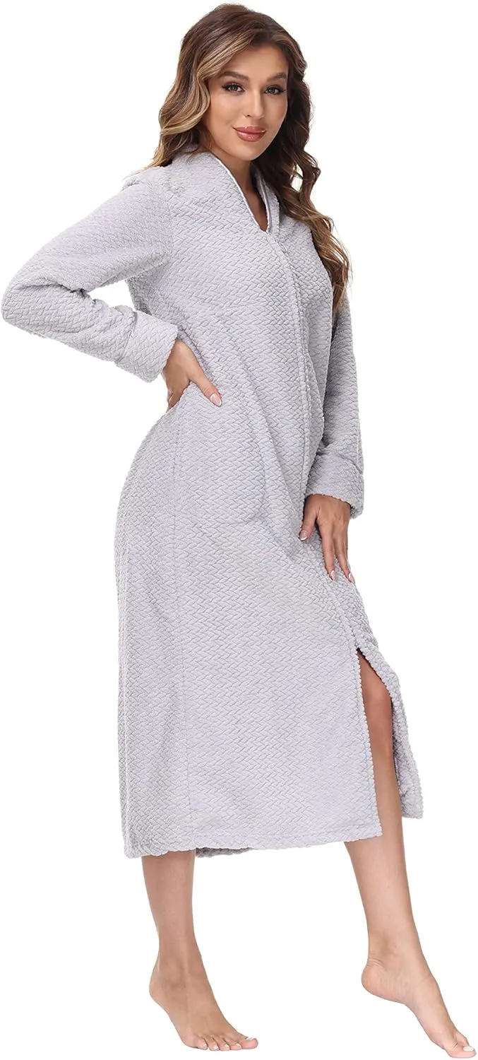 INK IVY Embossed Plush Front Zipper Robe for Women - Full-Length Housecoat - Ladies Bathrobe Loungewear with Pocket, Collar & Cuff, Quiet Gray, L
