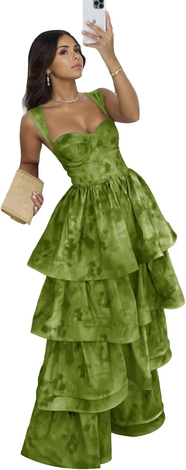 Jacquard Floral Tiered Prom Dresses Sweetheart Corset Ruffle Satin Formal Evening Gowns
