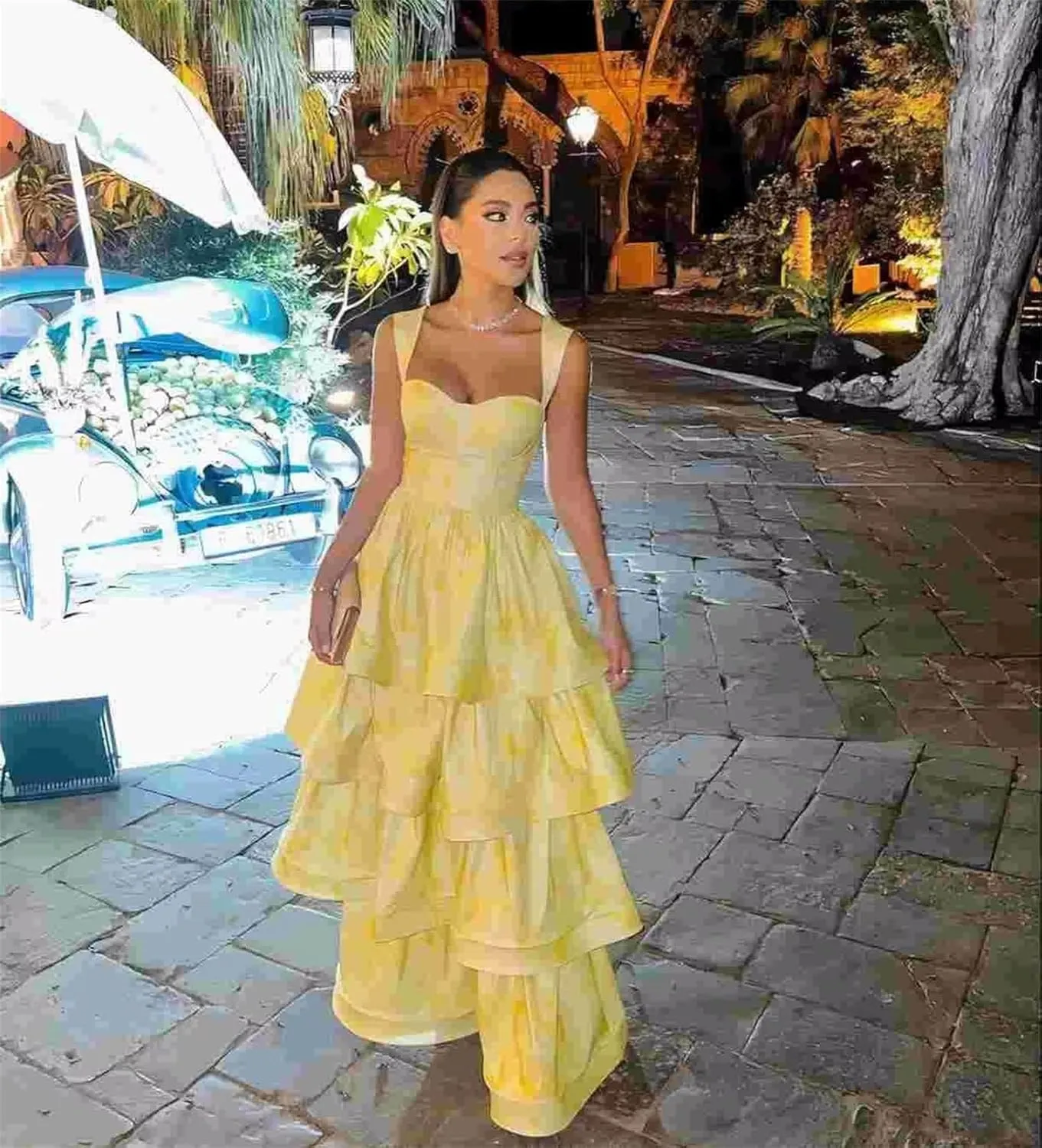 Jacquard Floral Tiered Prom Dresses Sweetheart Corset Ruffle Satin Formal Evening Gowns
