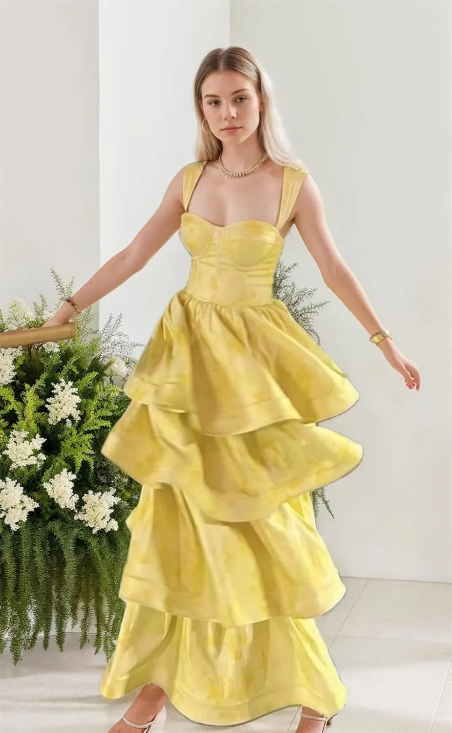 Jacquard Floral Tiered Prom Dresses Sweetheart Corset Ruffle Satin Formal Evening Gowns