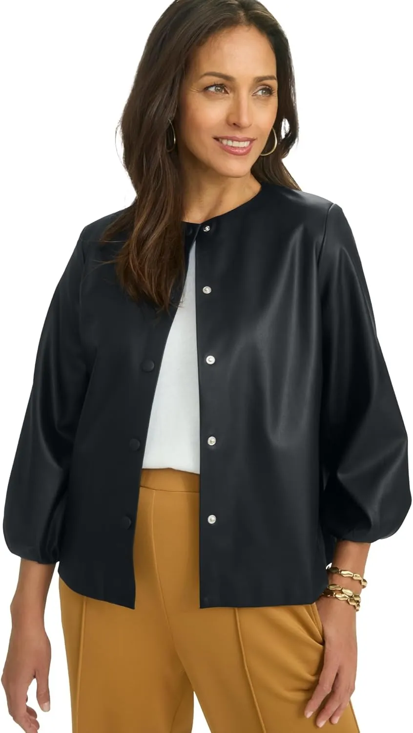 Jessica London Women's Plus Size Blouson Sleeve Faux Leather Jacket