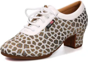 JUODVMP Women's Ballroom Dance Shoes Closed-Toe Lace-up Split-Sole Salsa Professional Practice Low Heel Dance Shoes