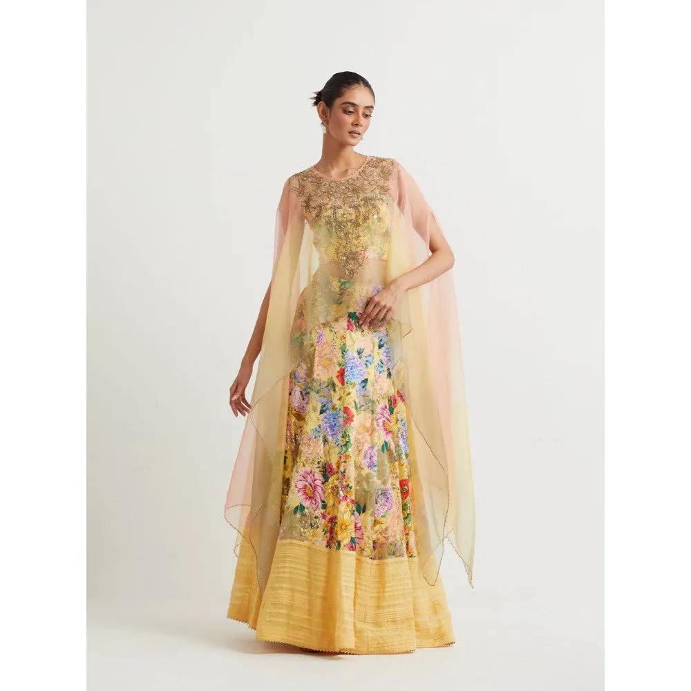 KAVITA BHARTIA Cape with Floral Skirt in Yellow (Set of 3)